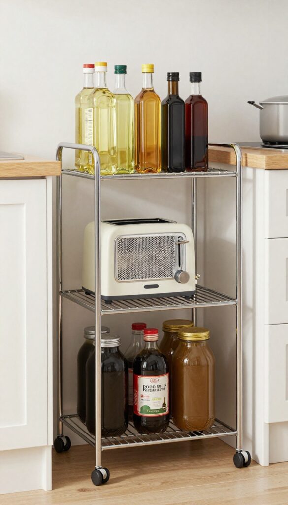 Slim rolling cart in kitchen closet with organized items on shelves