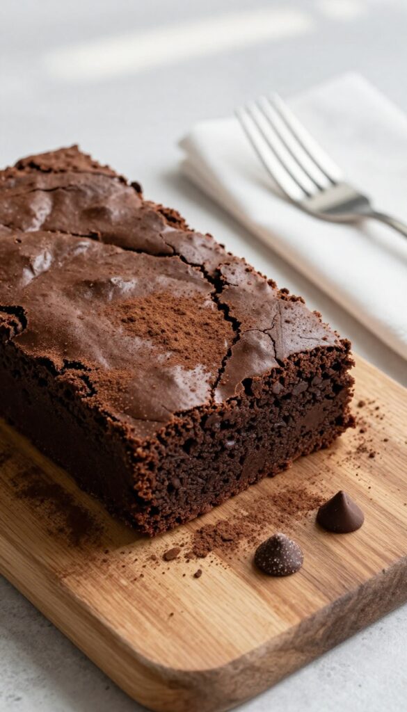 A fudgy keto brownie on a wooden board with chocolate chips, bright natural light, overhead view.
