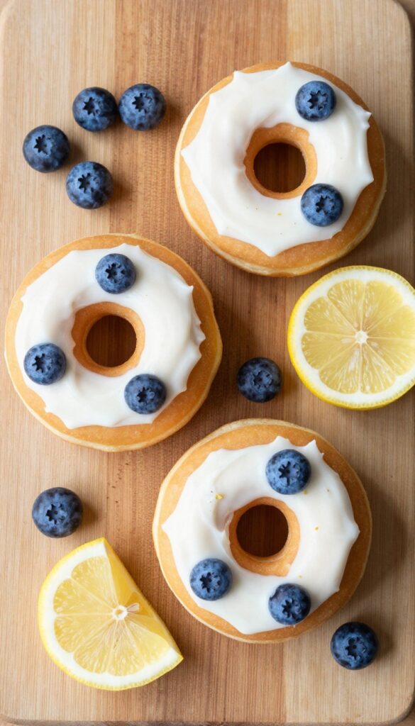 Lemon blueberry donuts with cream cheese drizzle on a wooden board