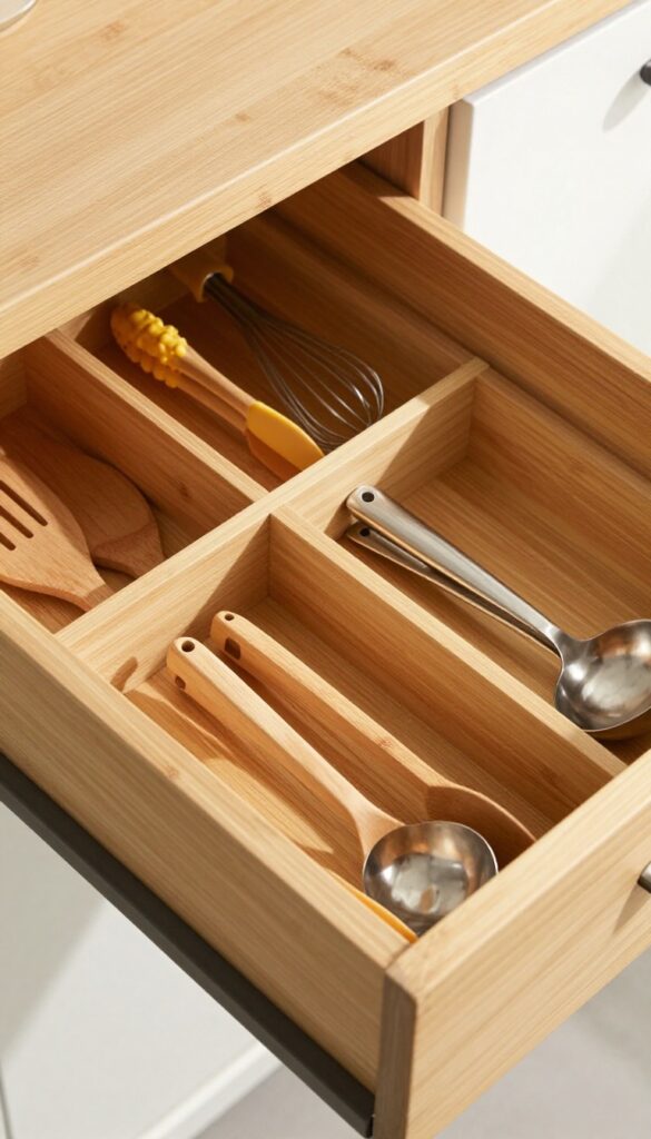 Organized kitchen drawer with wooden dividers separating utensils by type