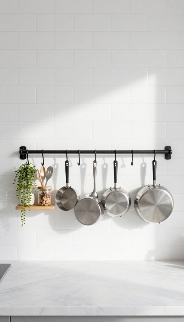 Wall-mounted rail with S-hooks holding stainless steel pots and pans above a white subway tile backsplash in a bright kitchen.