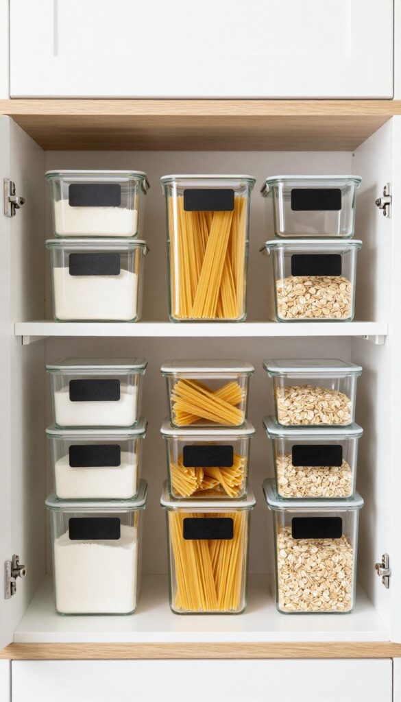 Stackable clear containers for dry goods on a pantry shelf, neatly organized with labels.