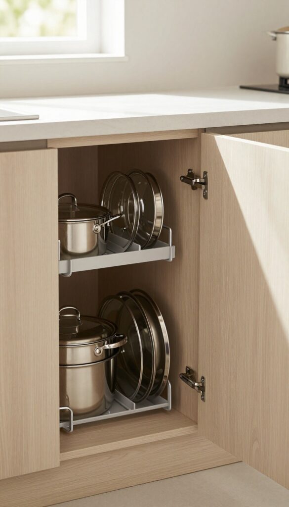 Inside a kitchen cabinet door, a slim lid organizer holds pot lids upright, with pots stacked on the shelf beside it.