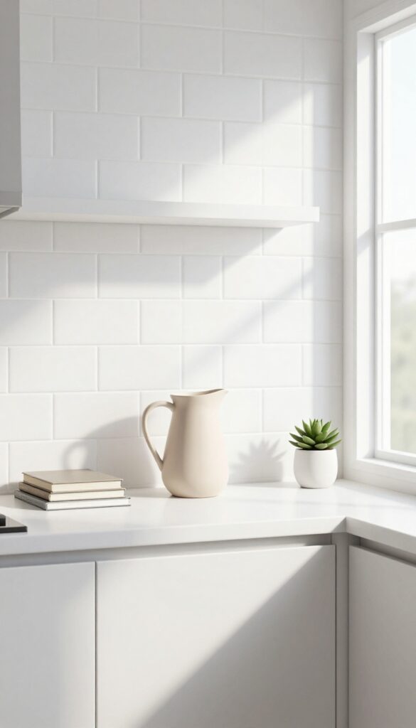 Minimalist kitchen open shelving with limited decorative objects, one or two per shelf, creating a clean and modern look with negative space.