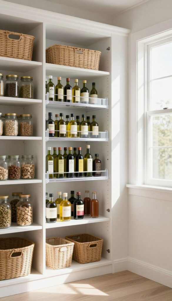 A walk-in pantry corner with a lazy Susan on a shelf, holding bottles and jars in bright natural light.