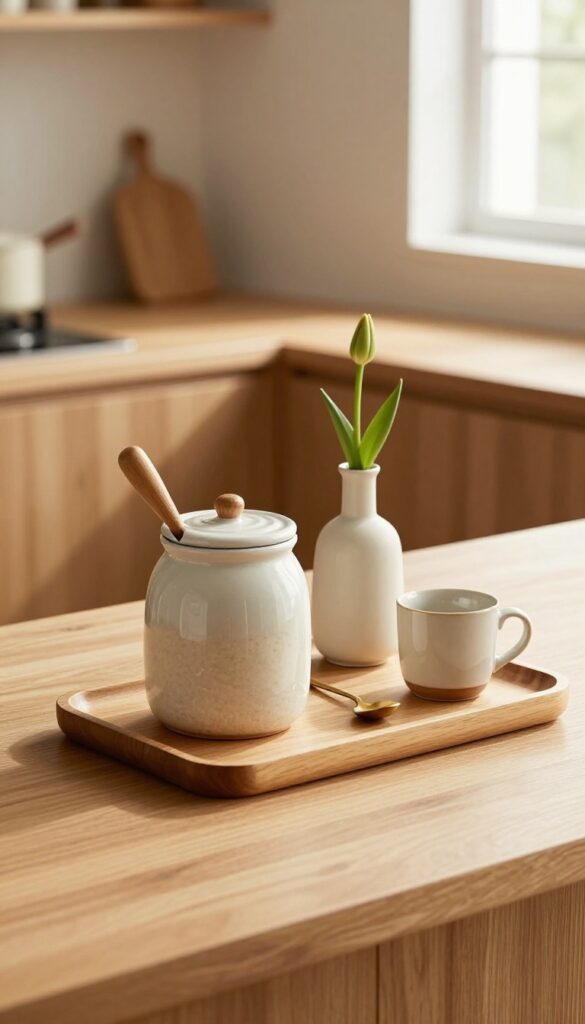 Cozy coffee station with warm wood and ceramic accents on a kitchen countertop
