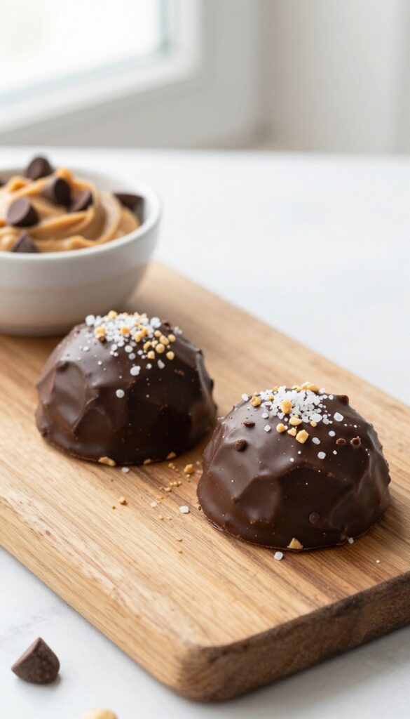 Keto peanut butter cup fat bombs with dark chocolate and sea salt on a wooden board