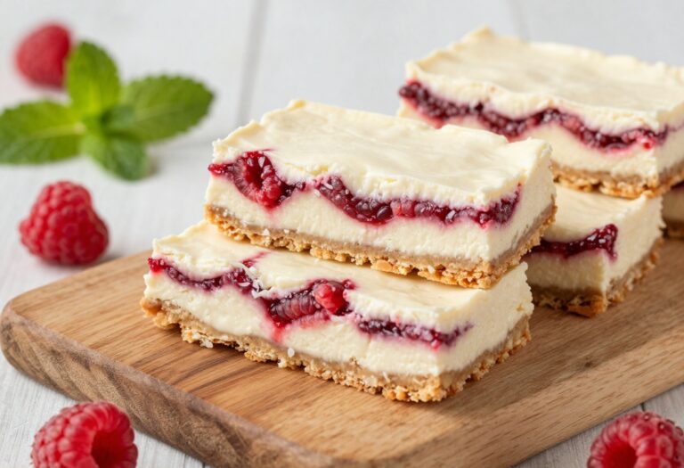 Stack of keto raspberry cheesecake bars on a wooden board with fresh raspberries and mint.