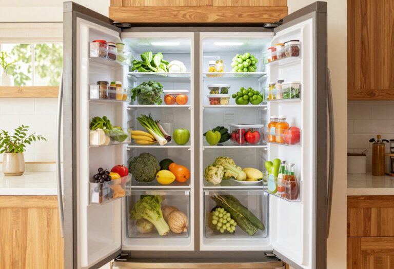 Open double door fridge with neatly organized food in clear bins and containers, warm kitchen interior