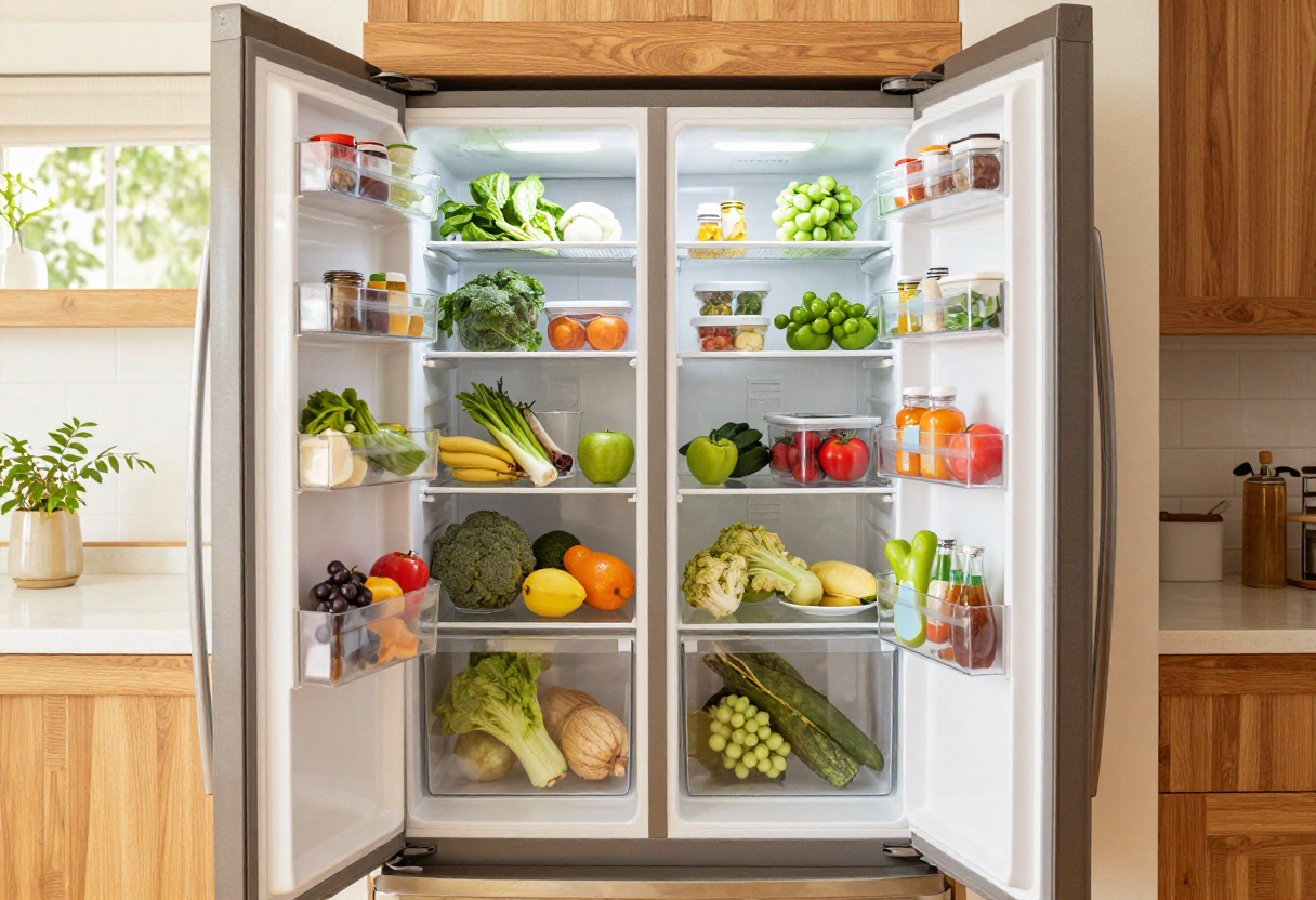Open double door fridge with neatly organized food in clear bins and containers, warm kitchen interior