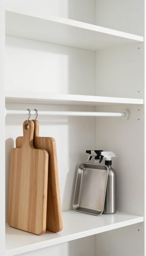Pantry with tension rods creating vertical storage for cutting boards and spray bottles