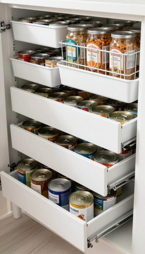 Pull-out drawer in a deep pantry shelf with neatly arranged cans and jars, bright natural light, clean and organized interior design.
