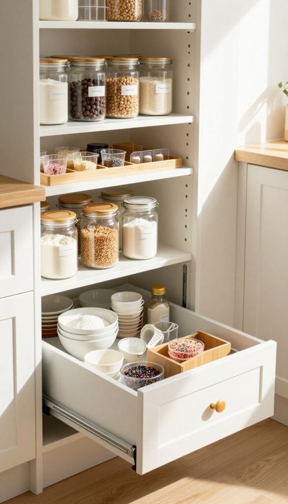 Organized pull-out drawer with baking supplies in glass jars and bamboo tray, bright natural light, clean pantry interior.
