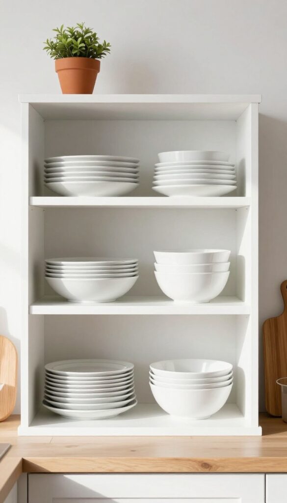 Open shelving in a kitchen with neatly stacked white dishes, a small plant, and a wooden cutting board, bathed in natural light.