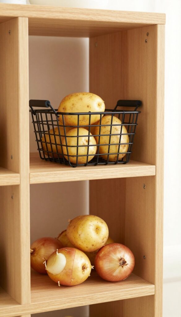 Pull-out wire basket shelf with potatoes and onions in a pantry