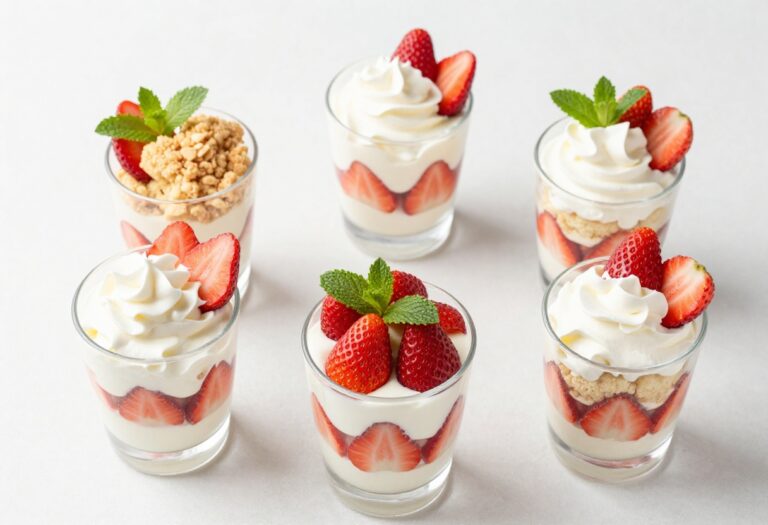 Seven keto strawberry shortcake cups arranged on a white surface, each with varied toppings.