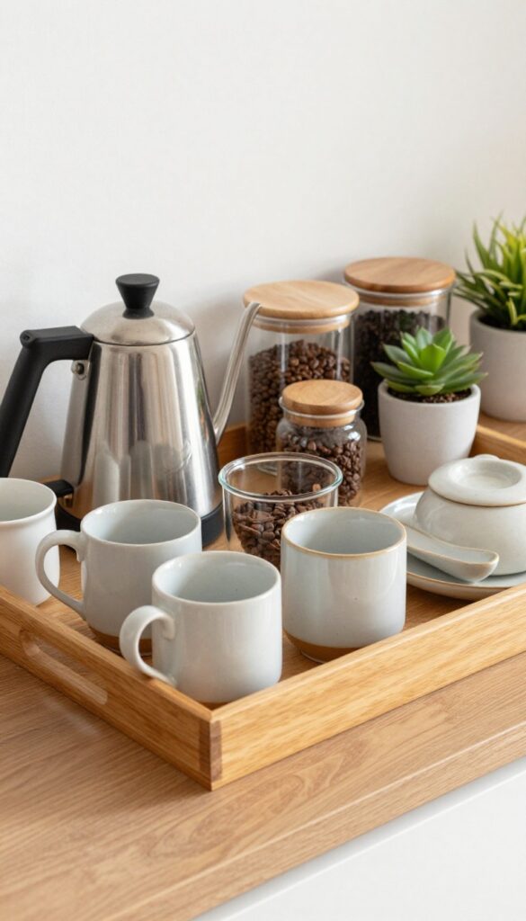 A cozy pantry shelf styled as a coffee and tea station with a wooden tray, kettle, French press, mugs, and canisters, bathed in natural light.