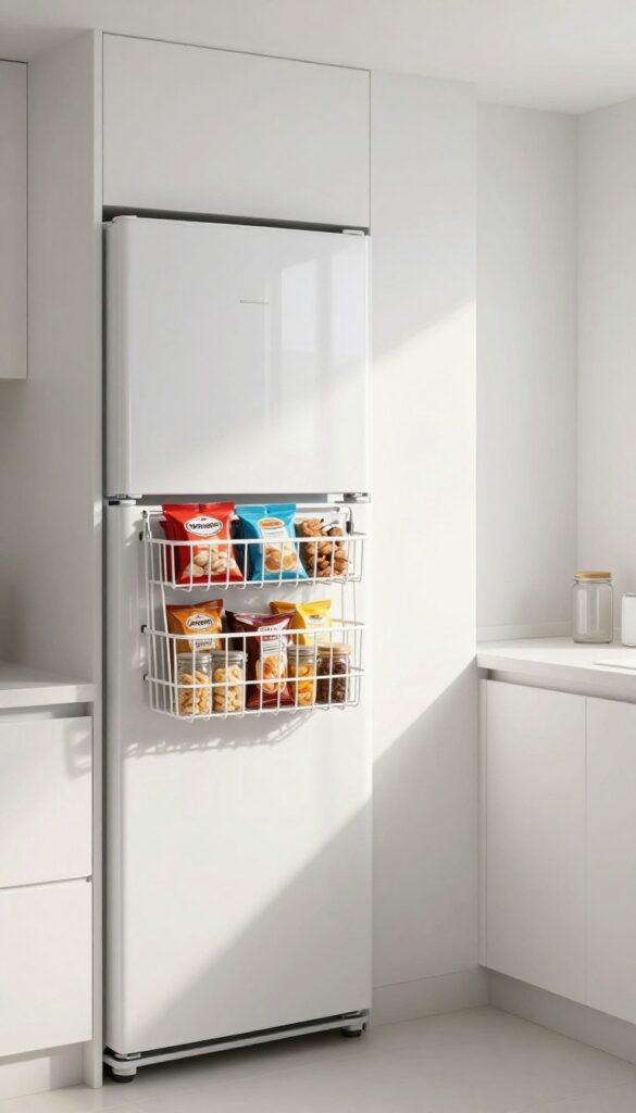 Over-the-door wire basket on refrigerator storing snacks and jars, bright kitchen interior
