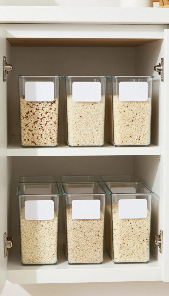 Pull-out pantry bins with clear containers and labels in a deep kitchen cabinet, organized rice storage.