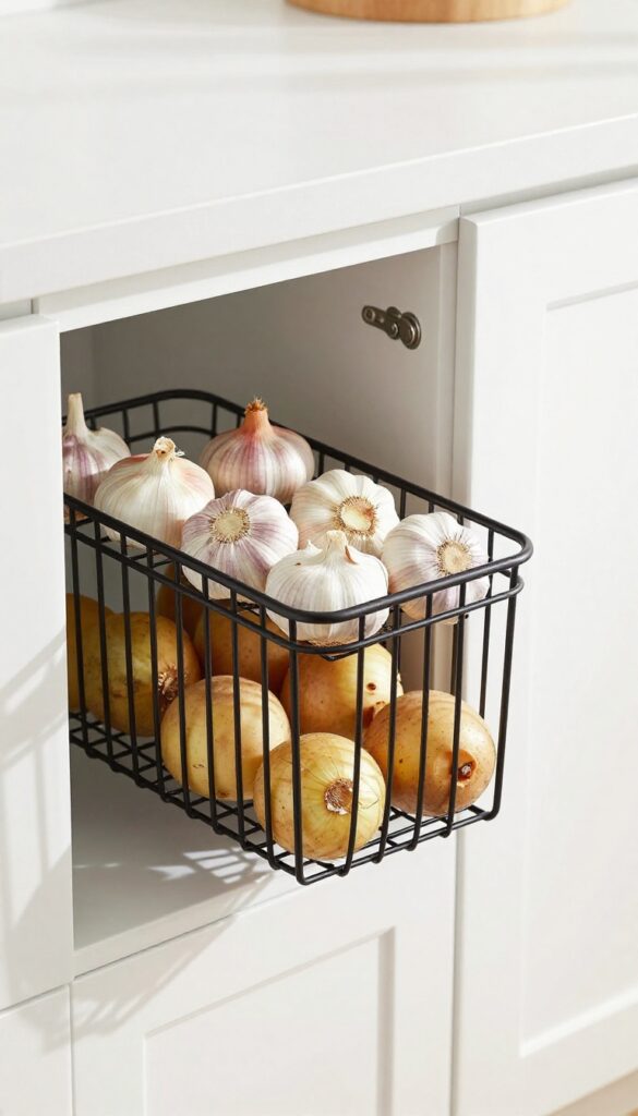 Over-the-cabinet wire basket holding onions, garlic, and potatoes on the inside of a white kitchen cabinet door.