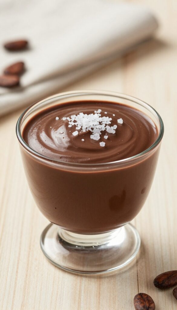 Rich dark chocolate mousse in a glass cup with sea salt flakes on top