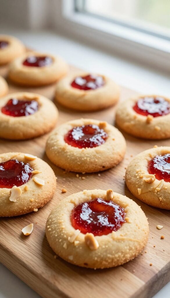 Peanut butter thumbprint cookies with jam filling on a wooden board