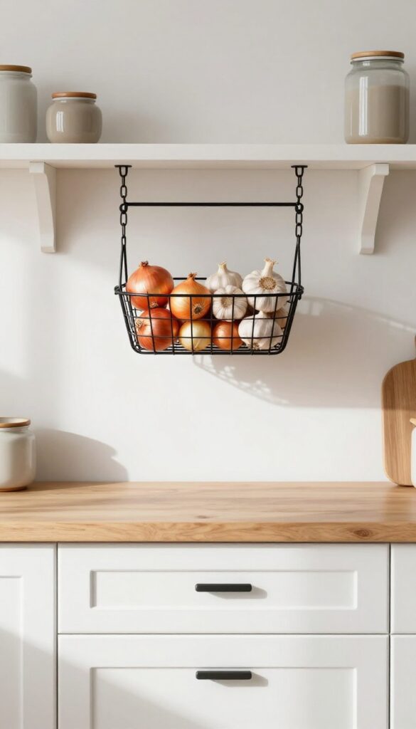 Hanging wire basket filled with onions and garlic under a kitchen shelf
