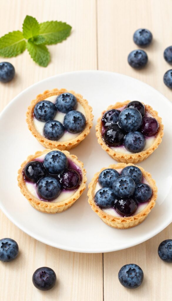 Mini blueberry cheesecake bites with pecan crust and blueberry compote on a white plate