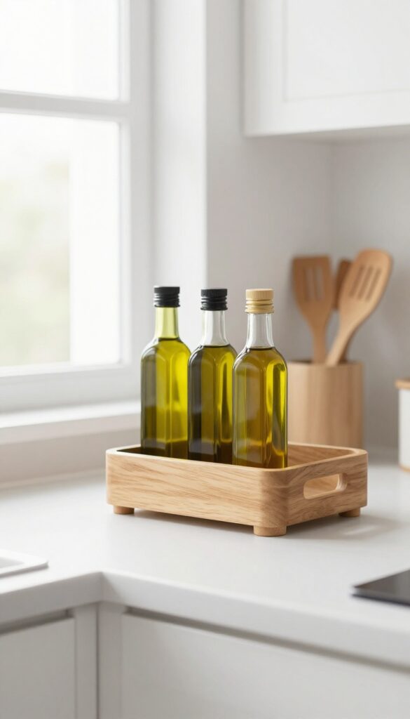 A lazy Susan on a kitchen counter with condiments and utensils, organized and tidy.