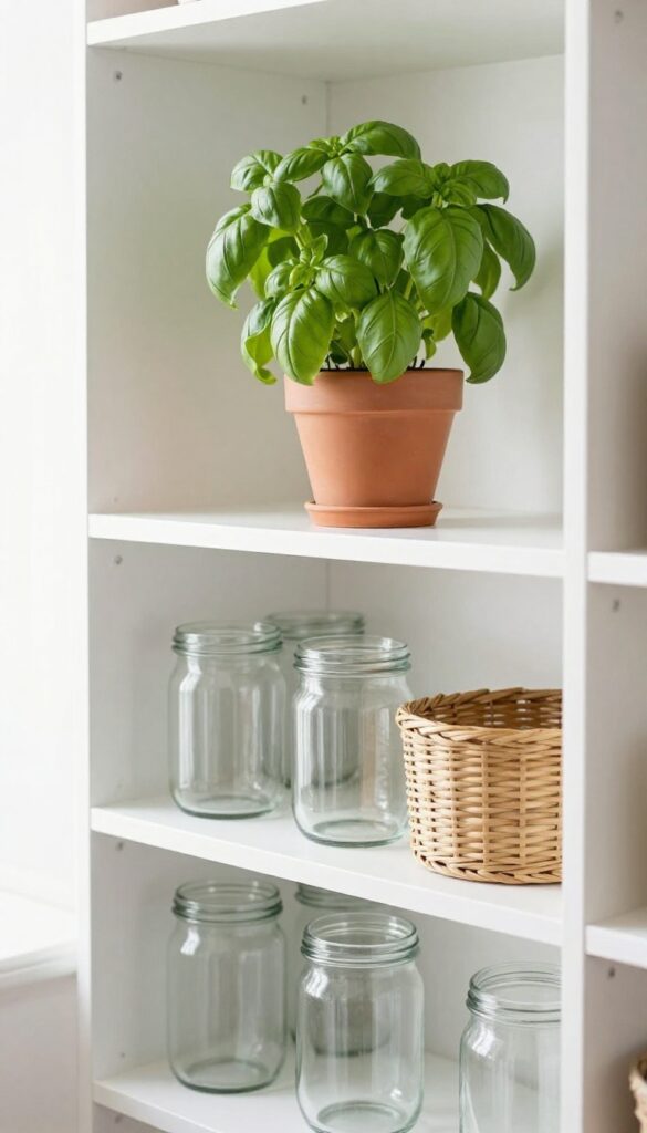 A small basil plant in a terracotta pot on the top wire shelf of a bright, organized pantry, adding a natural touch to the clean, modern storage.