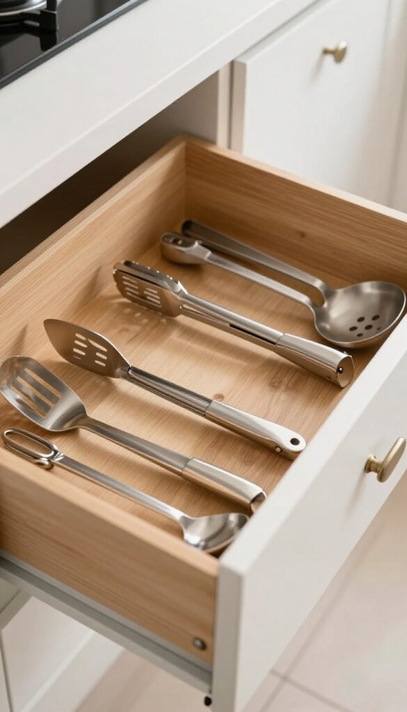 Organized kitchen drawer with wooden dividers holding utensils neatly separated.