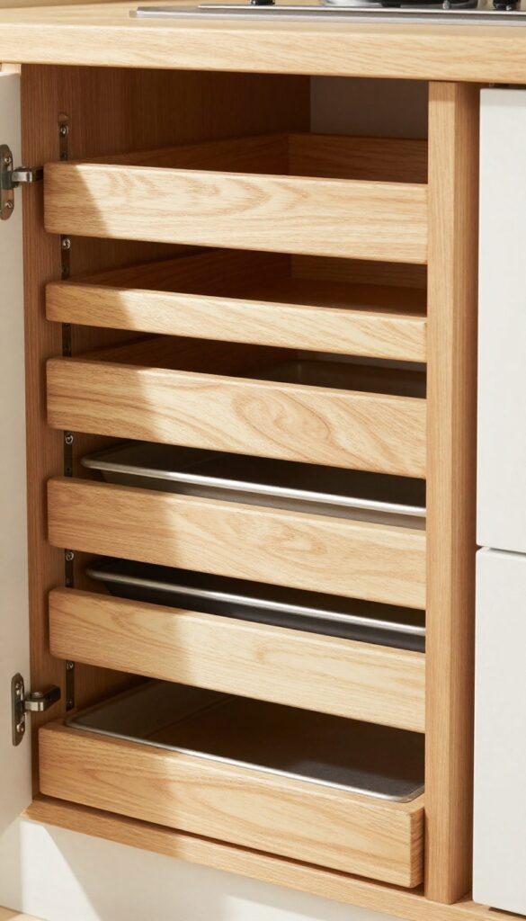Vertical storage of cutting boards and baking sheets in a kitchen drawer