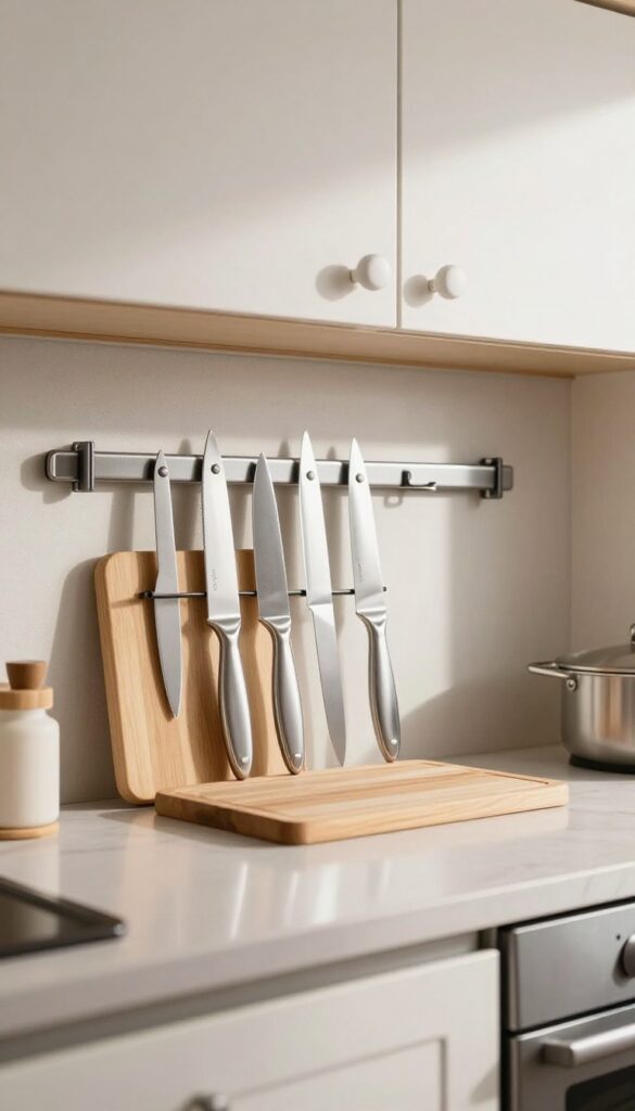 RV kitchen with wall-mounted magnetic knife strip holding knives, wooden cutting board nearby, bright natural light