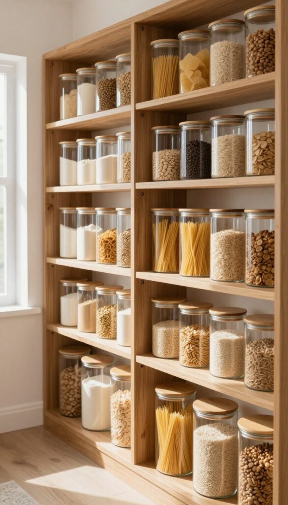 Clear glass canisters with bamboo lids on wooden pantry shelves in natural light
