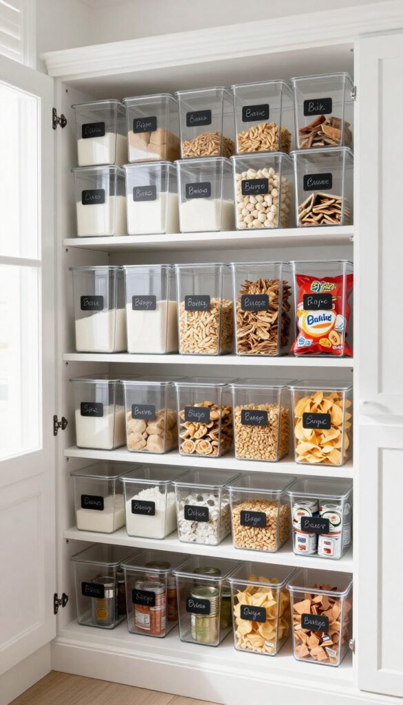 A bright pantry with clear bins neatly organizing items by category on open shelves.