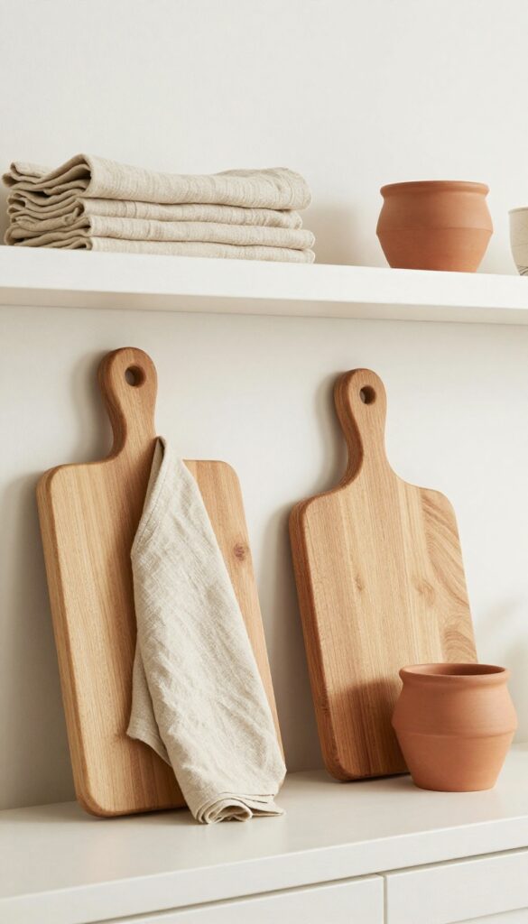 Kitchen shelf with layered natural textures: wooden cutting boards, linen napkin, and terracotta pot in warm neutral tones.