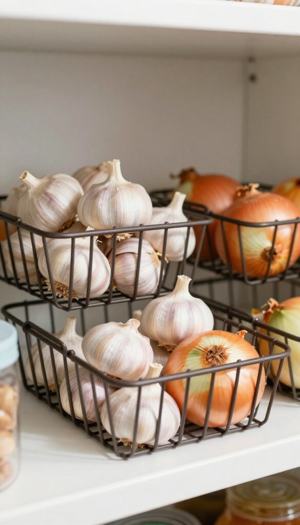 Small wire baskets on a pantry shelf filled with onions and garlic