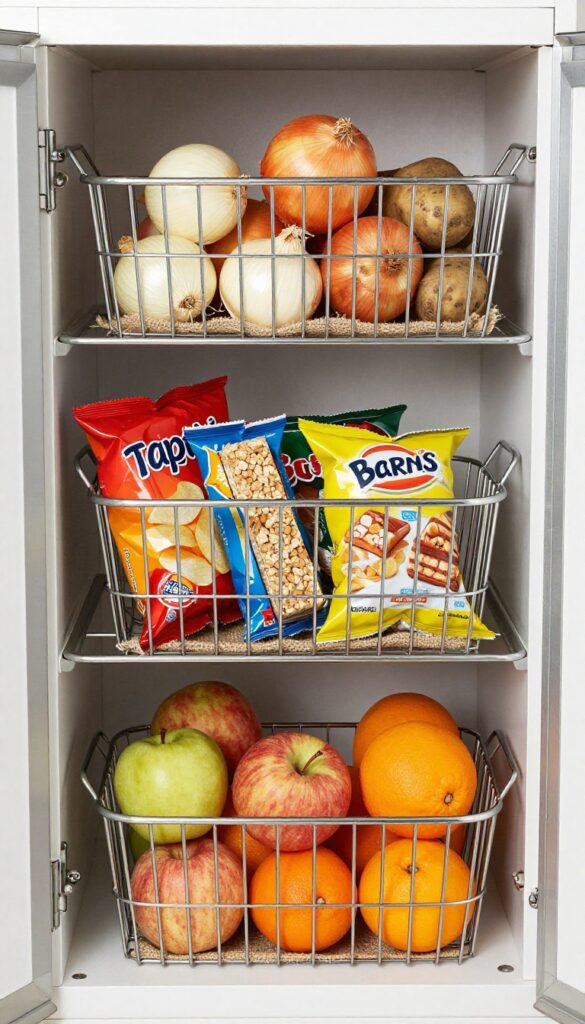 Stackable wire baskets on a garage pantry shelf storing produce and snacks