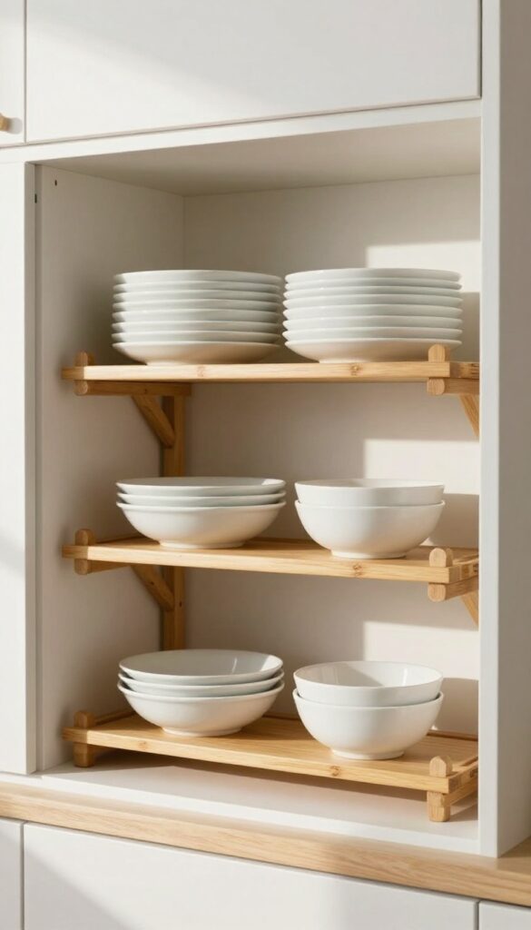 Upper kitchen cabinet with bamboo tiered shelf riser holding white plates and bowls, organized and clutter-free.