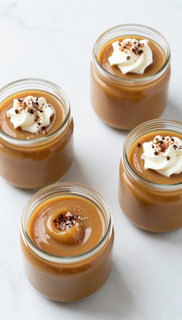 Salted caramel pudding in glass jars with whipped cream and sea salt topping