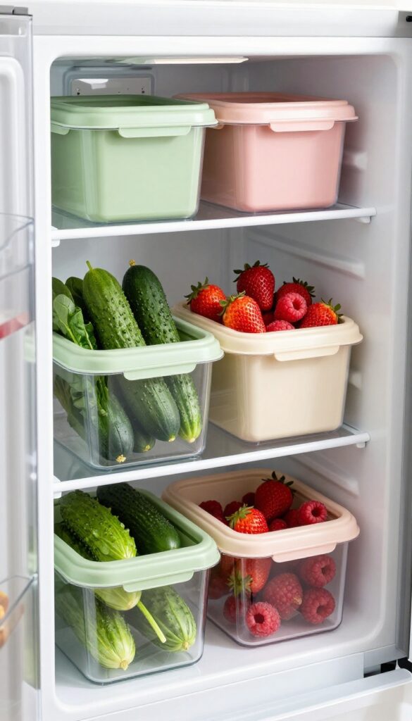 Open refrigerator with color-coded clear bins organizing fruits and vegetables by color group.