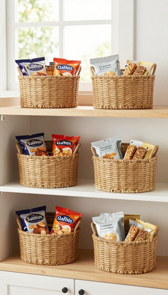 Woven baskets on a pantry shelf filled with snack packs and granola bars in a tidy, organized arrangement.