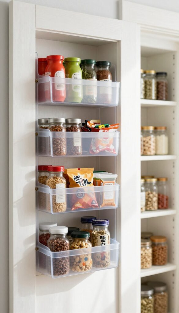 Apartment pantry with over-the-door clear pocket organizer filled with spices and snacks