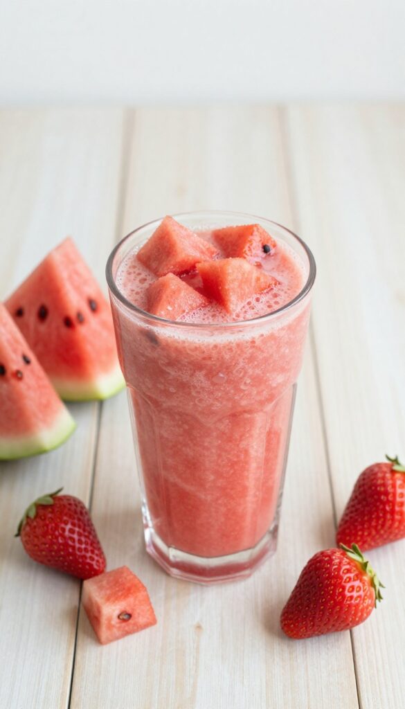 Watermelon strawberry smoothie in a glass with fresh fruit on a wooden table