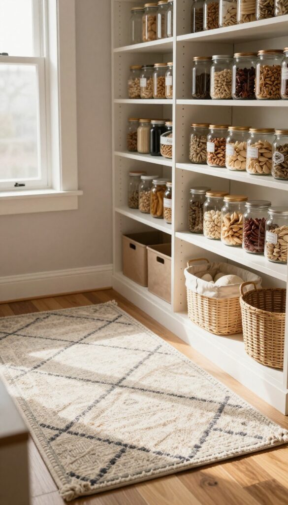 Cozy pantry with a patterned washable runner rug on the floor, warm natural light, organized shelves.