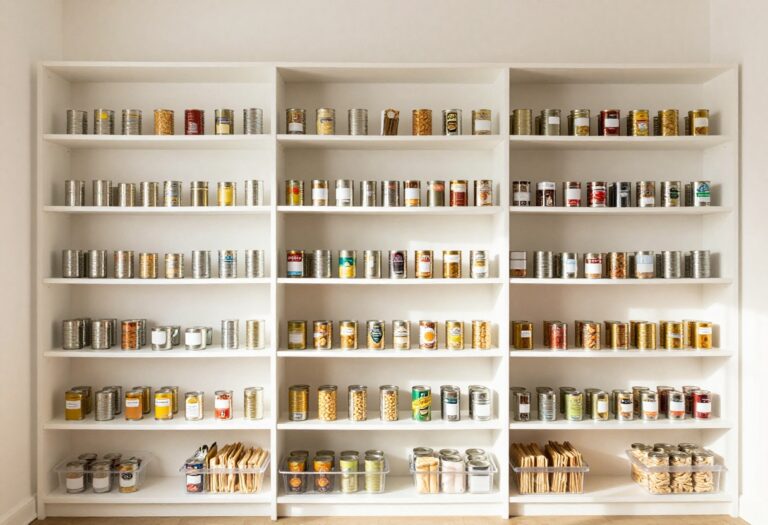 A well-organized pantry with canned goods neatly arranged on shelves using tiered racks and clear bins.