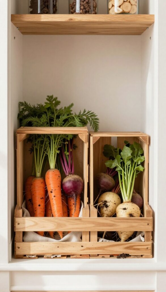 Open wood crates filled with root vegetables in a pantry with natural light