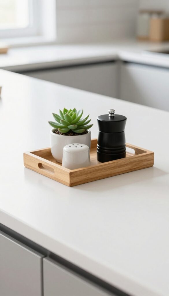 Small tray on kitchen countertop holding salt, pepper, and a succulent, with clean, organized look.