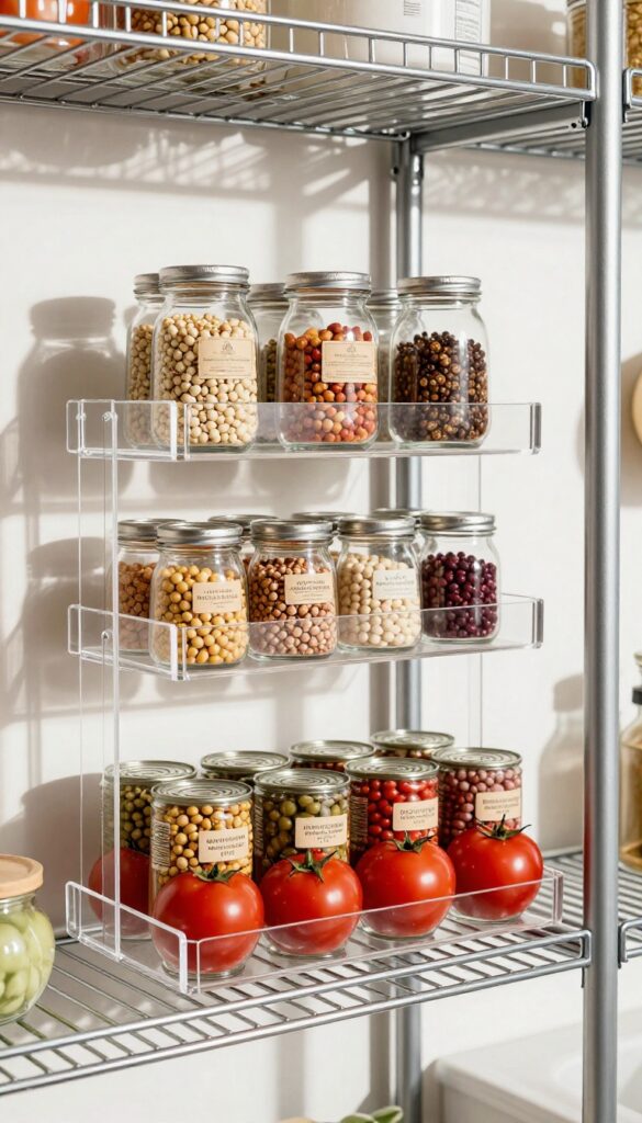 Stacked tiered shelf risers on a wire pantry shelf, organizing canned goods and spice jars.