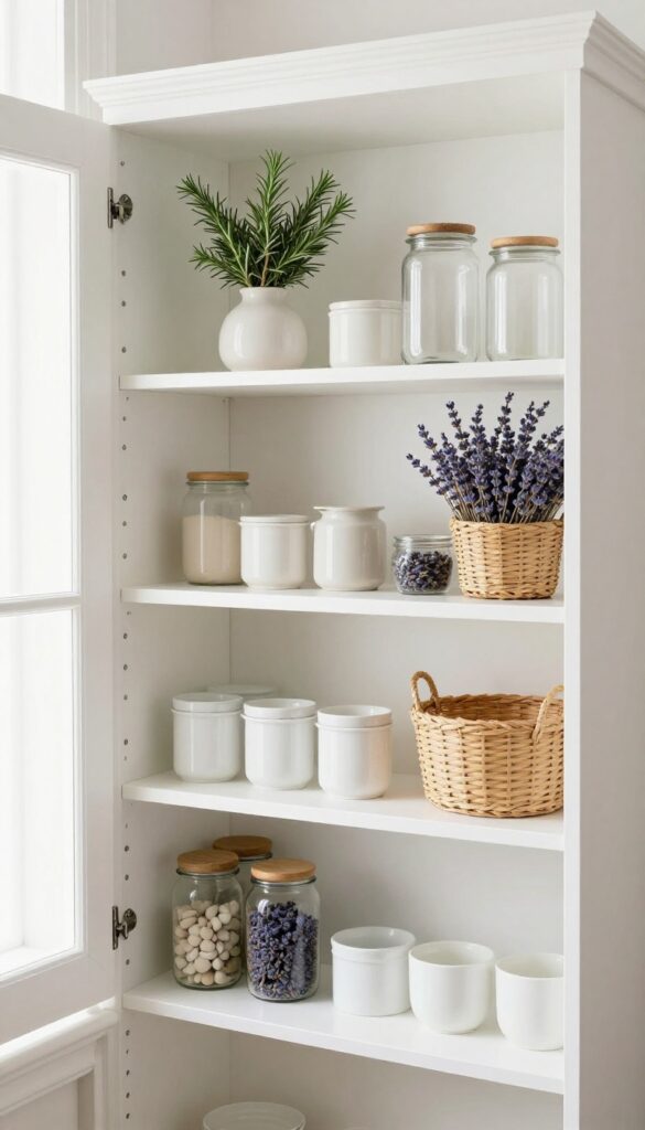 Pantry shelf with fresh rosemary in a ceramic vase and dried lavender in a basket, natural light, organized jars.